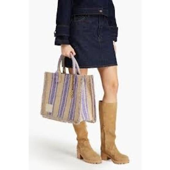 SANDRO Beige Purple Striped Magnetic Closure Open Pockets Kasbah Tote Bag - Picture 1 of 11